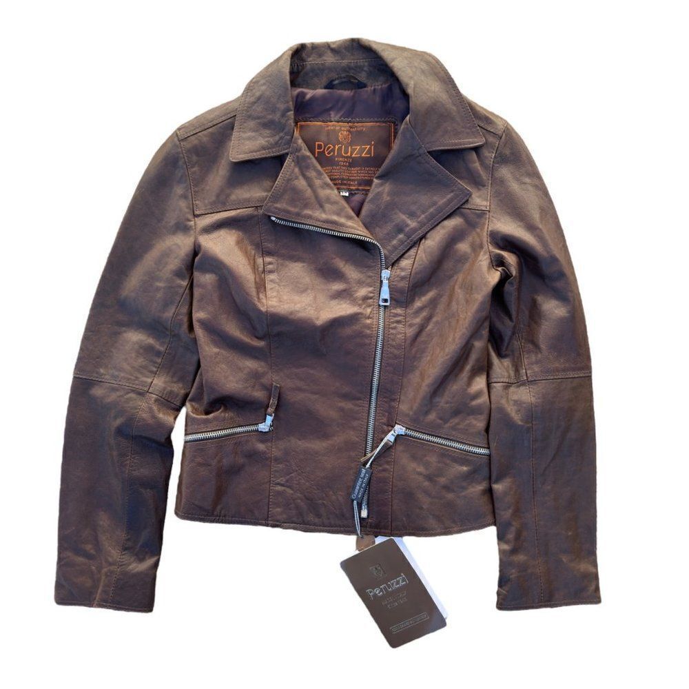 Peruzzi Vera Pelle Leather Italian Made Moto‎ Style Jacket Brown Women's 2